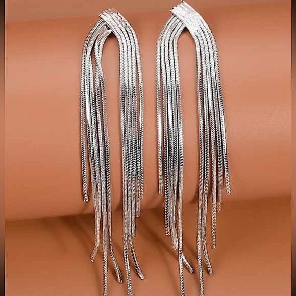 Sterling Silver Chain Tassel V Design Earrings - Picture 1 of 8